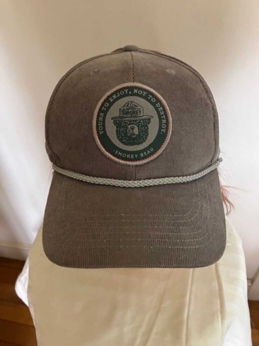 Smokey Bear Logo Grey Corduroy Baseball Cap Plastic back adjustment